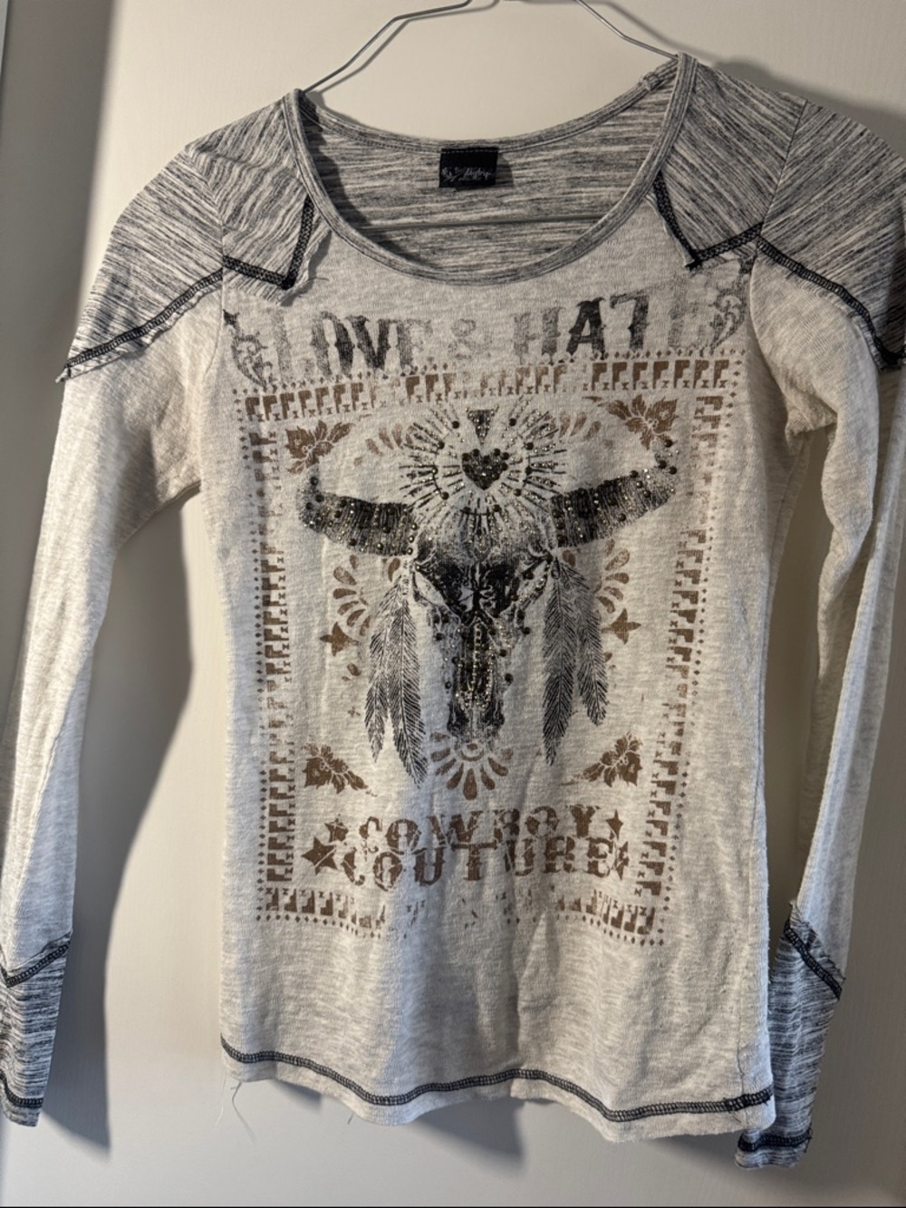 Daytrip Cream and Gray Western Skull Graphic Long Sleeve Tee
